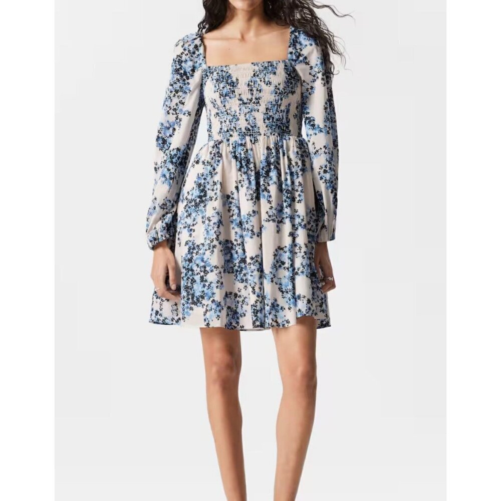 & Other Stories square neck mini dress with shirred bodice blue floral Size 4